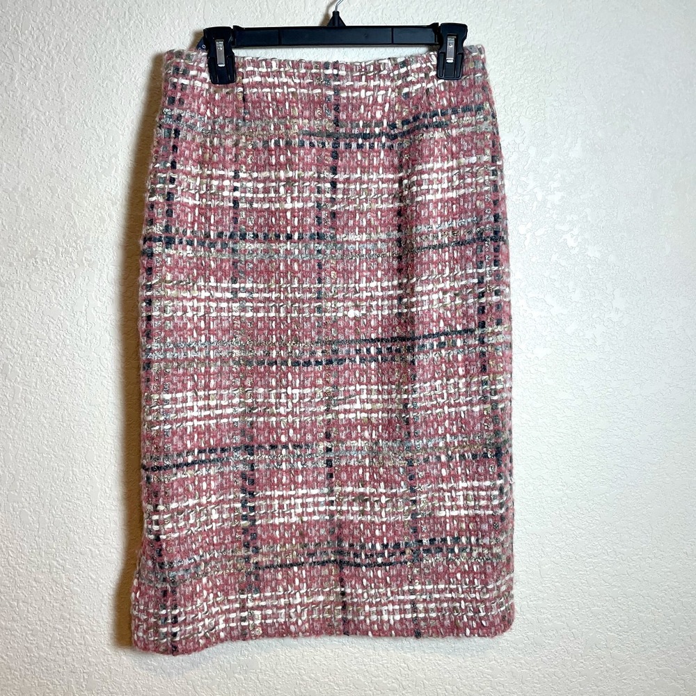 Alex & Co. Straight Pencil Tweed Skirt Womens‎ UK 12 Pink Plaid Wool Blend Lined